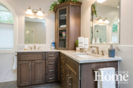 The rich finish on the corner cabinetry was the first option the homeowners saw—and the perfect selection to complete their master bath transformation.