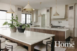 Two large kitchen islands make efficient use of space. One is for prepping meals, and the other is for dining.