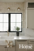 Black-trimmed windows add a contemporary feel to the kitchen.