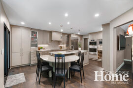 A two-level island offers both extensive work space and built-in dining as well.